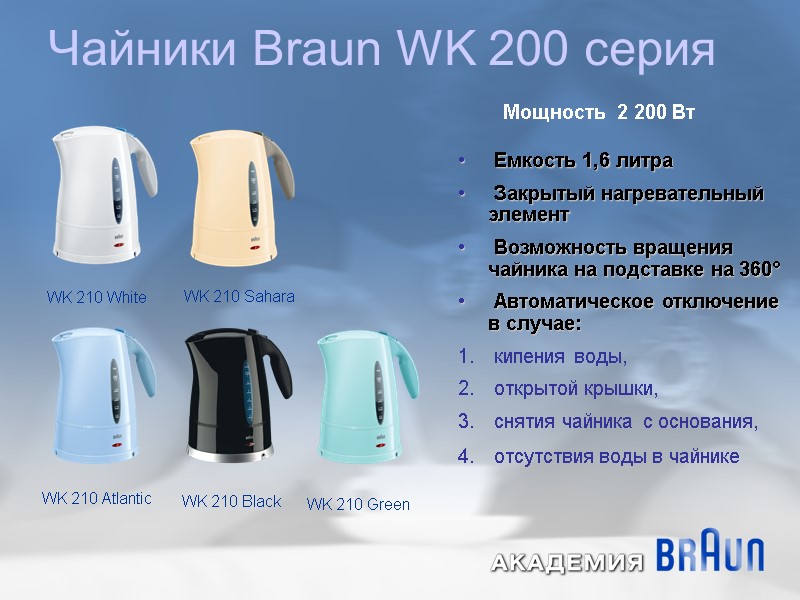 Чайники Braun WK 200 серия  Мощность  2 200 Вт  WK 210